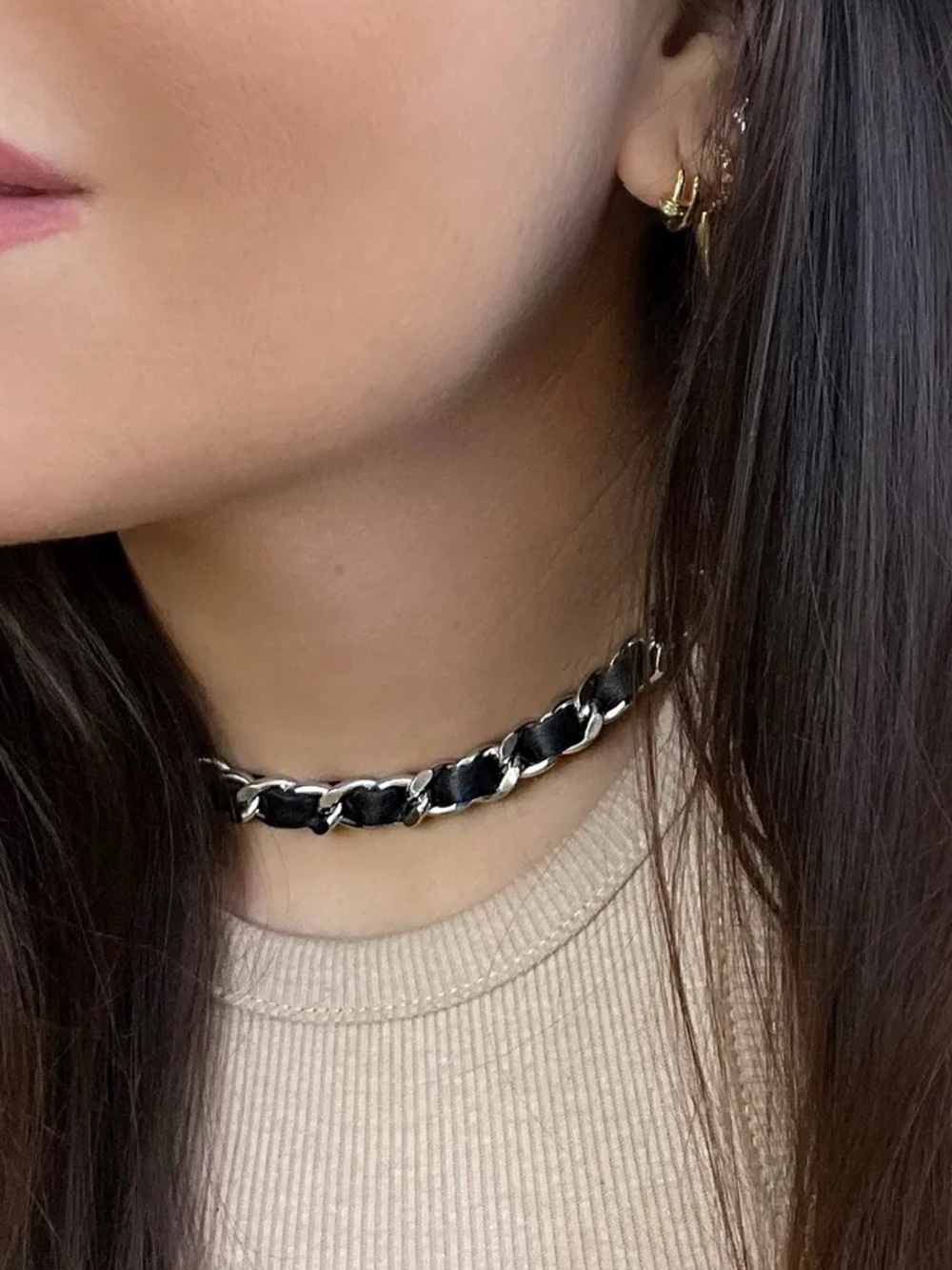 HRH black leather silver tone coco shocker necklace